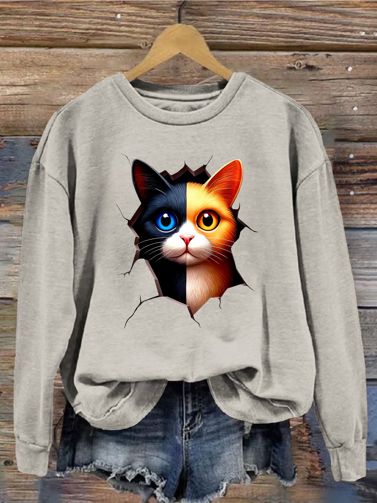 Damen Rundhals Katze Lässig Frühling/Herbst Langarm Sweatshirt