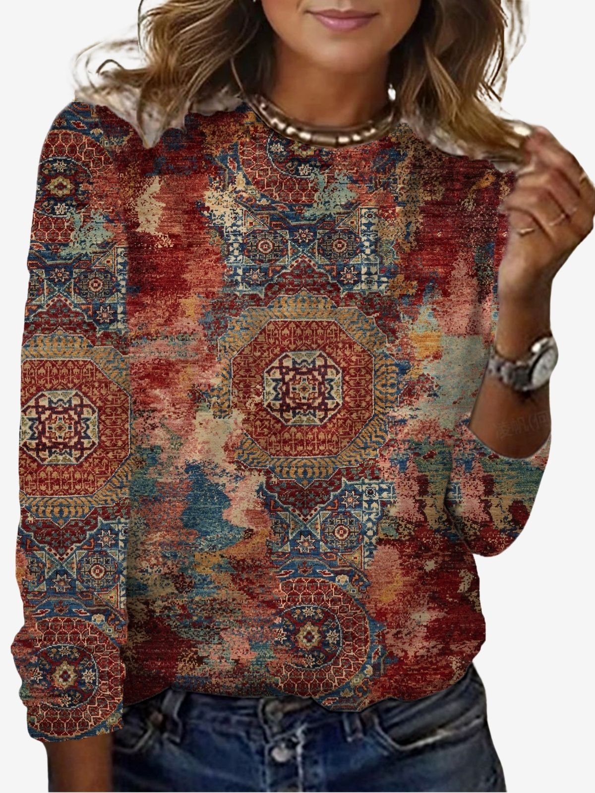 Damen Langarm T-Shirts T-Shirt Frühling/Herbst Ethnisch Jersey Rundhals Täglich Ausgehen Lässig Oberteile