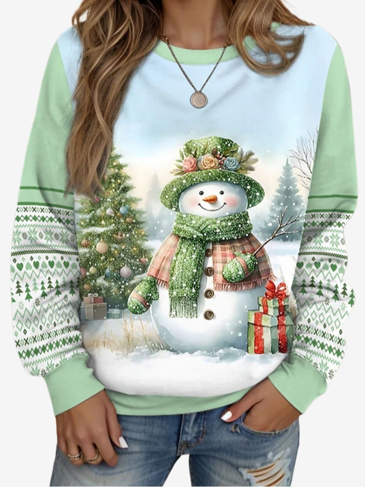 Damen Rundhals Weihnachtsschneemann Lässig Frühling/Herbst Langarm Sweatshirt