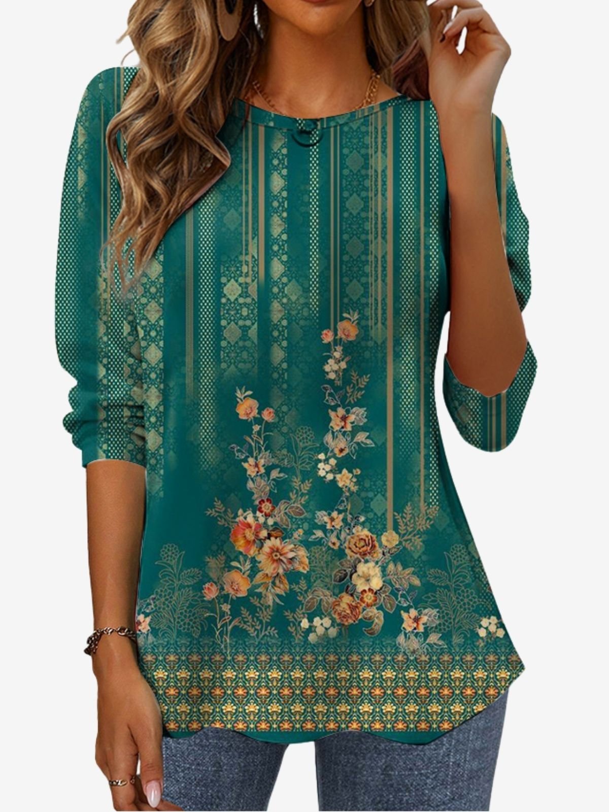 Damen Langarm T-Shirts T-Shirt Frühling/Herbst Geblümt Jersey Rundhals Täglich Ausgehen Lässig Oberteile Grün