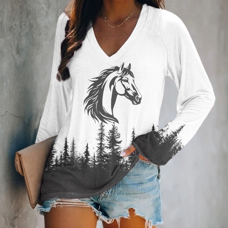 Damen Langarm T-Shirts T-Shirt Frühling/Herbst Tier Baumwolle V-Ausschnitt Täglich Ausgehen Retro Oberteile