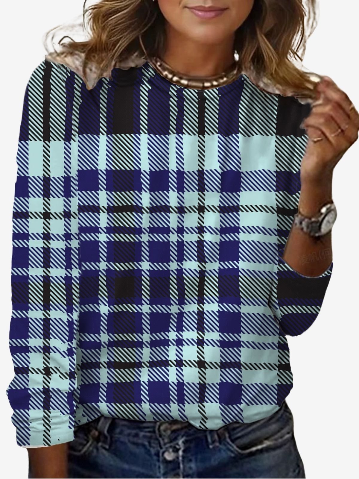 Damen Langarm T-Shirts T-Shirt Frühling/Herbst Kariert Jersey Rundhals Täglich Ausgehen Lässig Oberteile