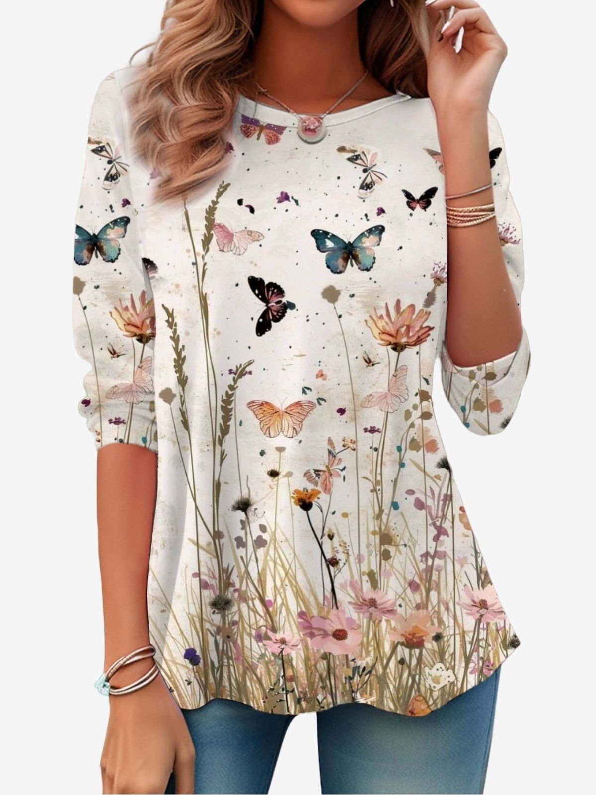 Damen Langarm T-Shirts T-Shirt Frühling/Herbst Geblümt Jersey Rundhals Täglich Ausgehen Lässig Oberteile