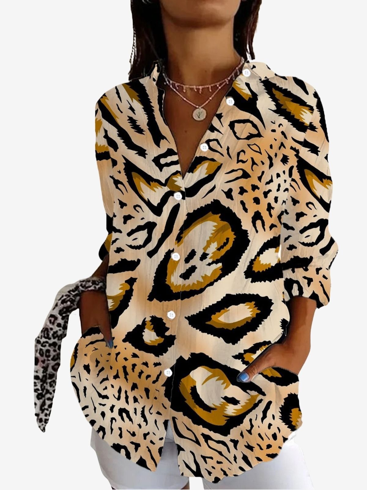 Damen Langarm Bluse Frühling/Herbst Leopard Hemdkragen Täglich Ausgehen Lässig Oberteile