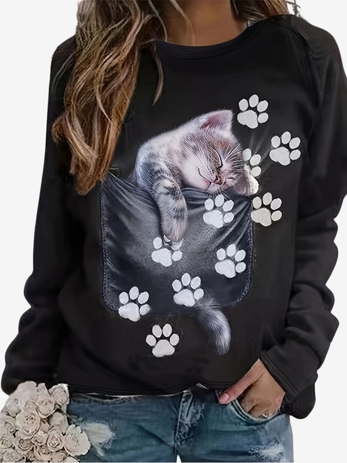 Damen Rundhals Katze Print Lässig Frühling/Herbst Langarm Sweatshirt