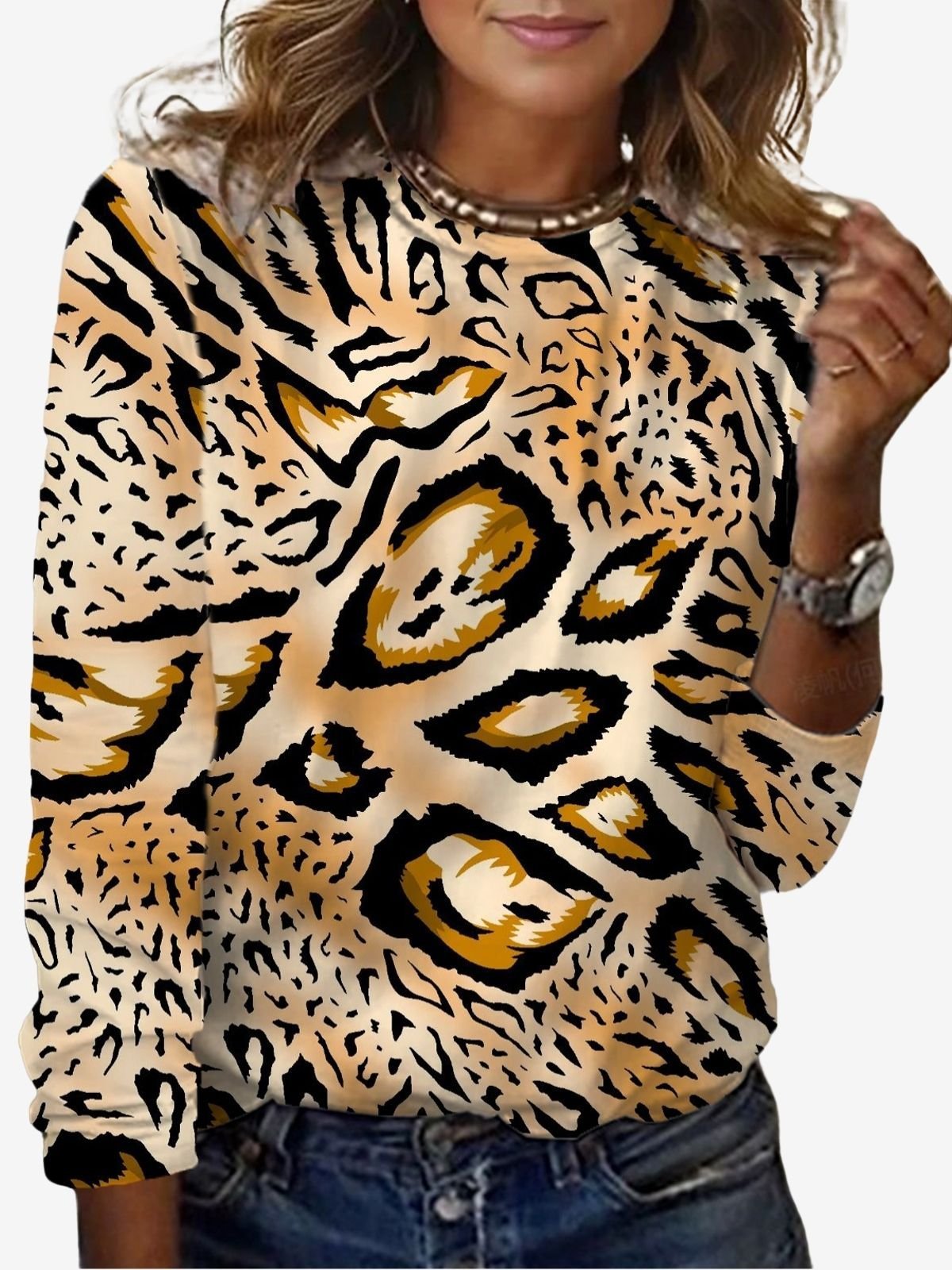 Damen Langarm T-Shirts T-Shirt Frühling/Herbst Leopard Jersey Rundhals Täglich Ausgehen Lässig Oberteile