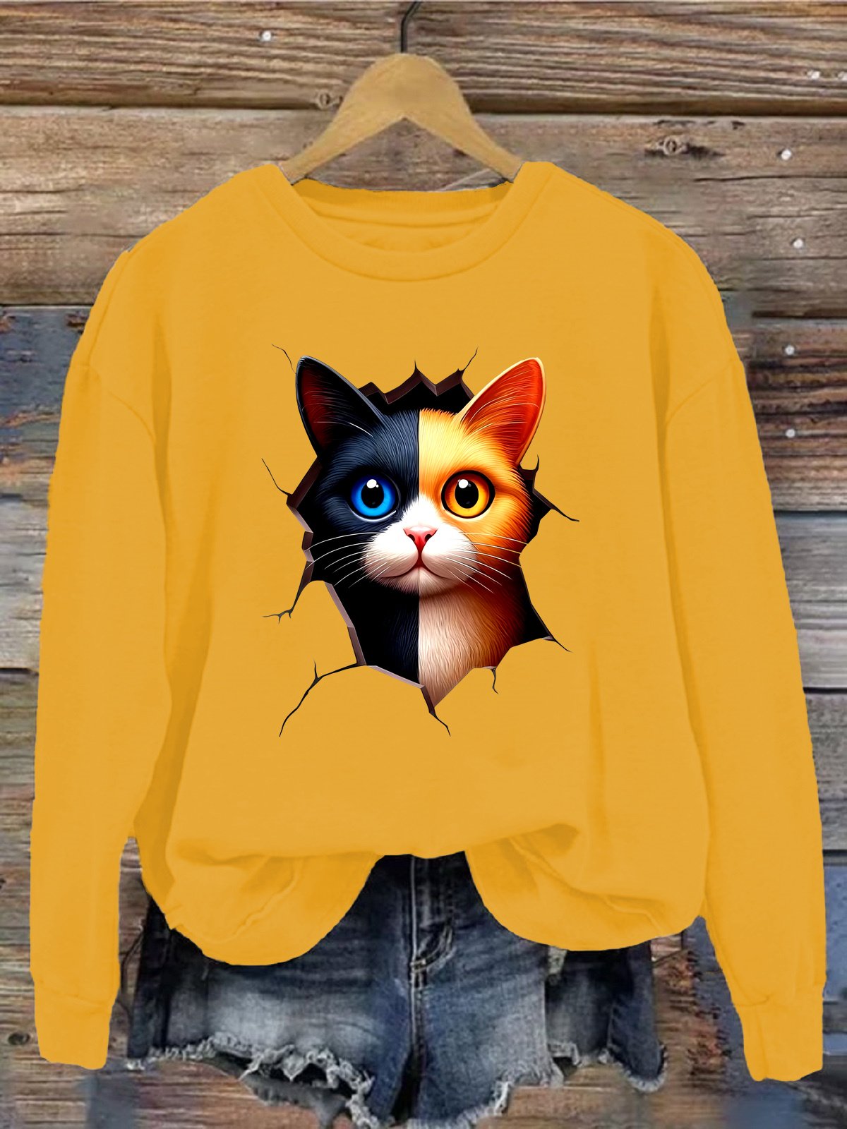 Damen Rundhals Katze Lässig Frühling/Herbst Langarm Sweatshirt