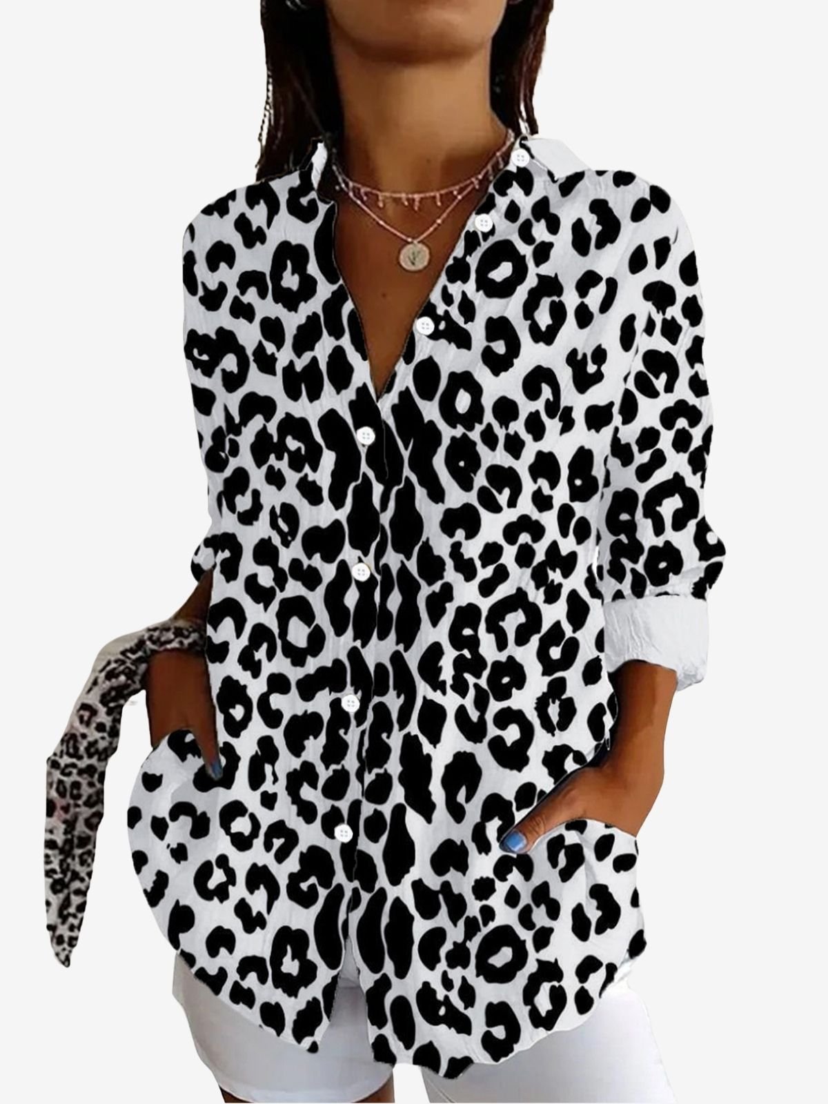 Damen Langarm Bluse Frühling/Herbst Leopard Hemdkragen Täglich Ausgehen Lässig Oberteile