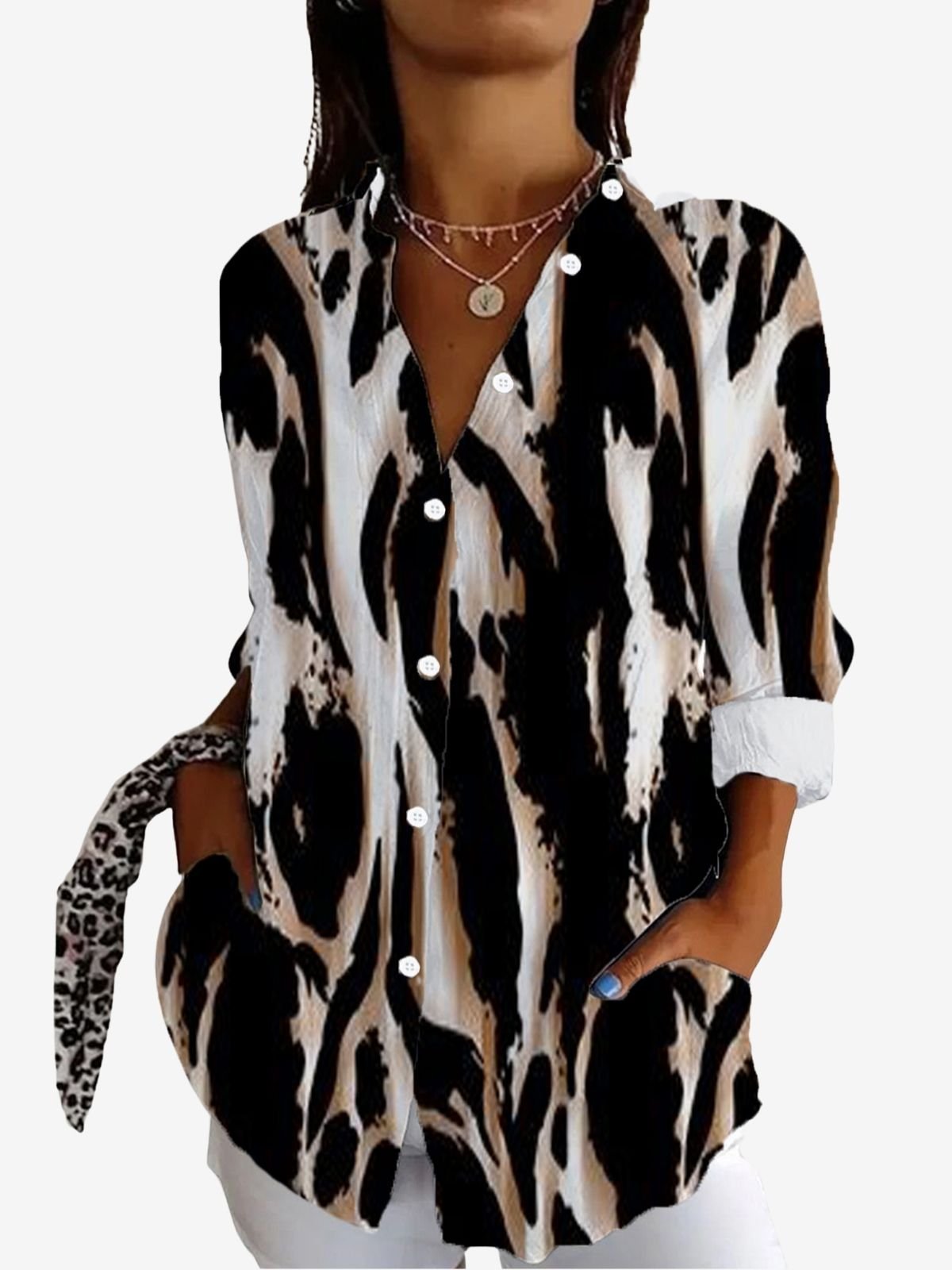 Damen Langarm Bluse Frühling/Herbst Leopard Hemdkragen Urlaub Ausgehen Lässig Oberteile