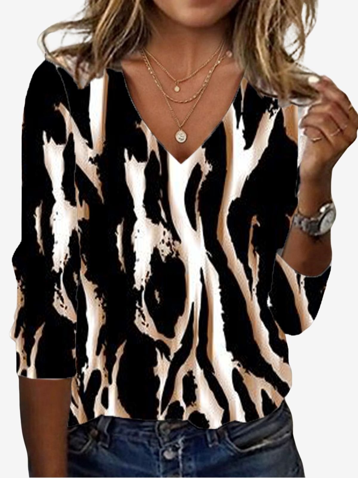 Damen Langarm T-Shirts T-Shirt Frühling/Herbst Leopard Jersey V-Ausschnitt Täglich Ausgehen Lässig Oberteile