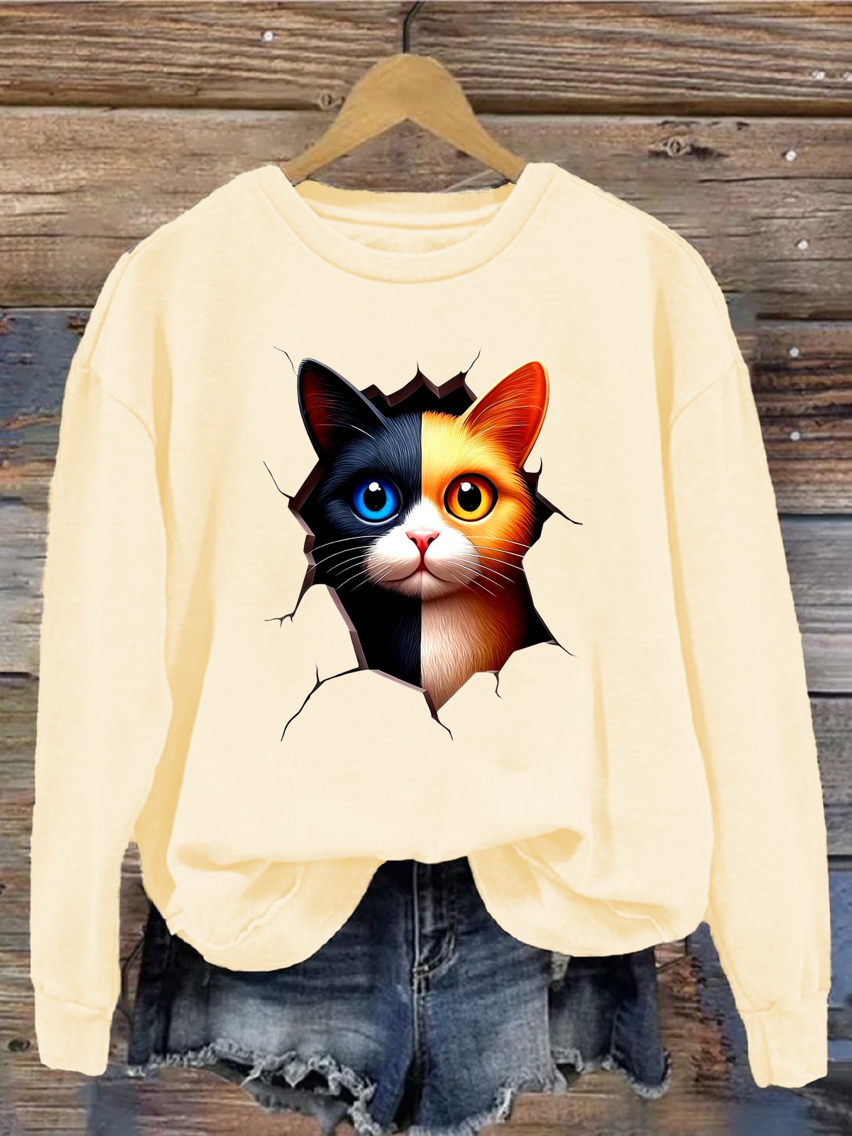 Damen Rundhals Katze Lässig Frühling/Herbst Langarm Sweatshirt