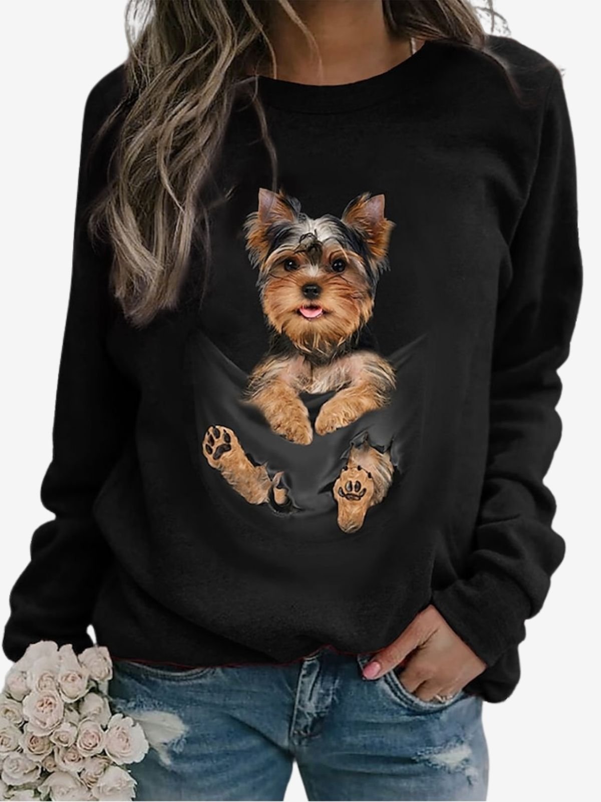 Damen Rundhals Hund Print Lässig Frühling/Herbst Langarm Sweatshirt