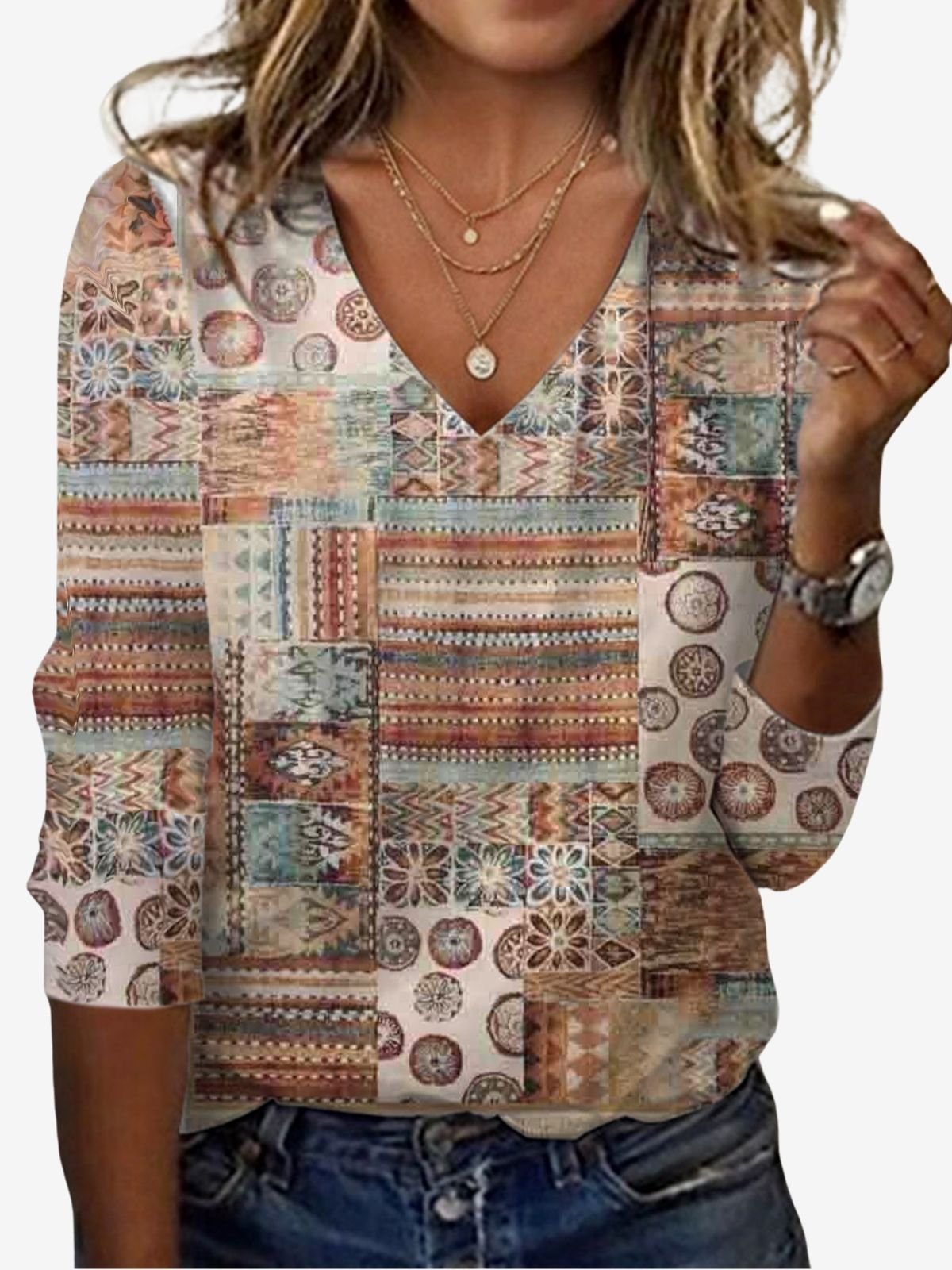 Damen Langarm T-Shirts T-Shirt Frühling/Herbst Ethnisch Jersey V-Ausschnitt Täglich Ausgehen Lässig Oberteile