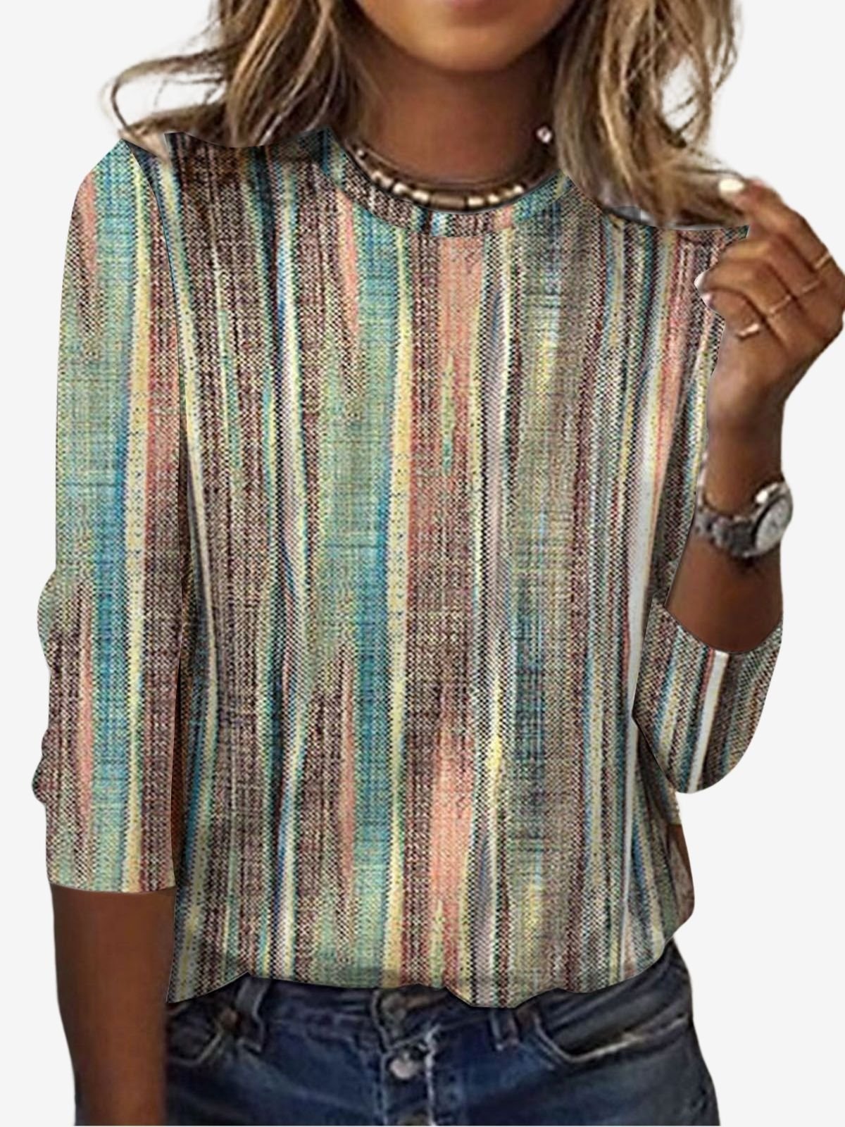 Damen Langarm T-Shirts T-Shirt Frühling/Herbst Gestreift Jersey Rundhals Täglich Ausgehen Retro Oberteile