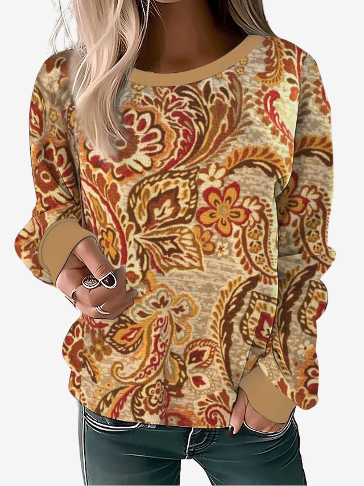 Damen Rundhals Ethnisch Print Lässig Frühling/Herbst Langarm Sweatshirt