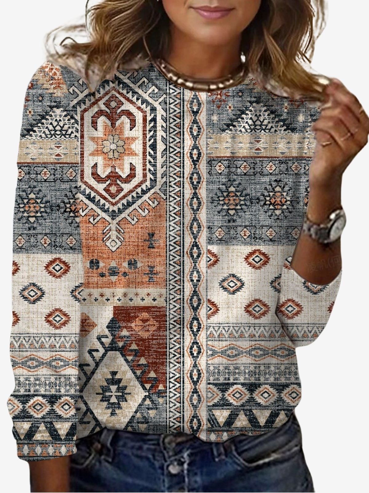 Damen Langarm T-Shirts T-Shirt Frühling/Herbst Ethnisch Jersey Rundhals Täglich Ausgehen Lässig Oberteile