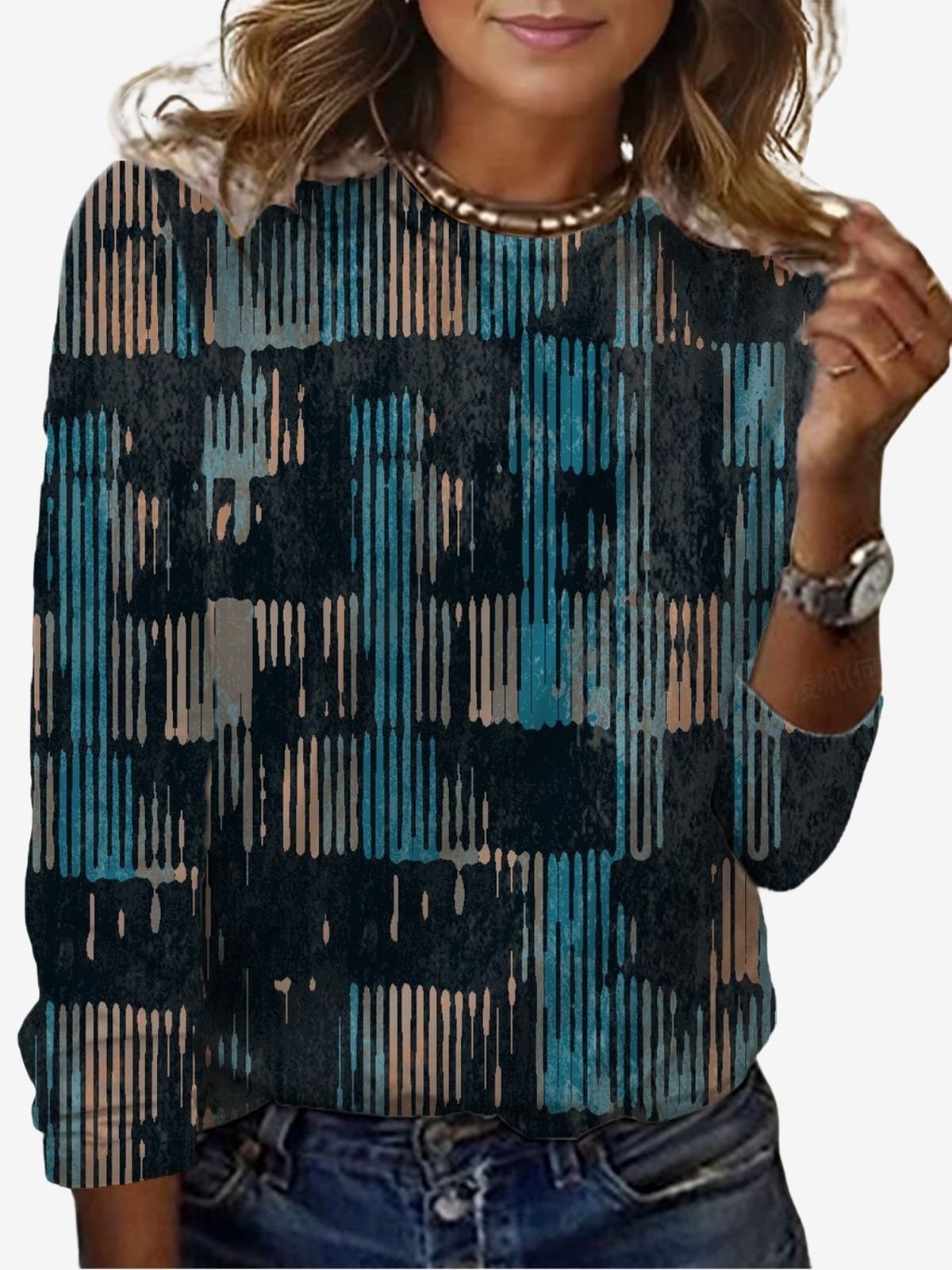 Damen Langarm T-Shirts T-Shirt Frühling/Herbst abstrakte Streifen Jersey Rundhals Täglich Ausgehen Lässig Oberteile