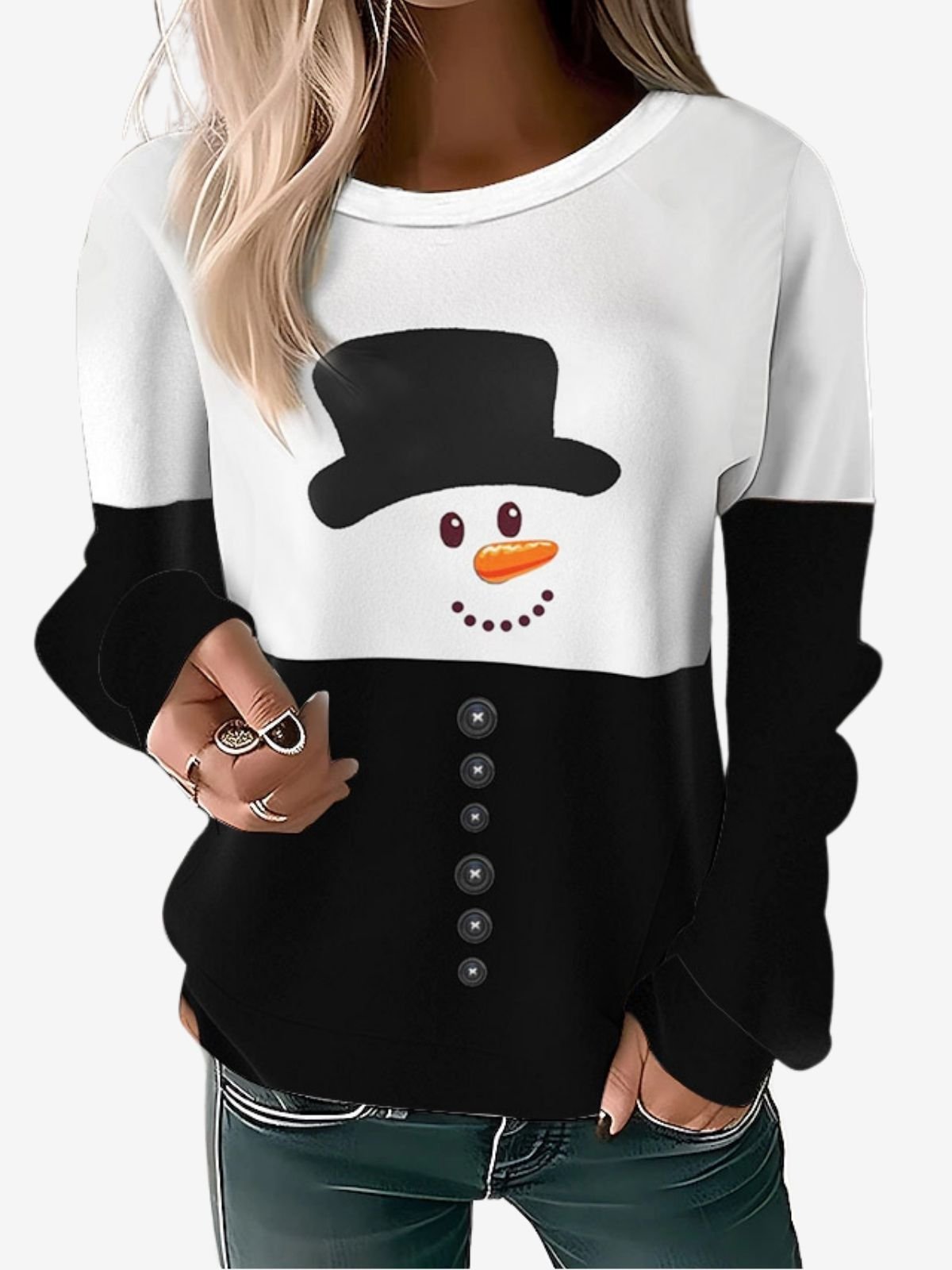 Damen Rundhals Weihnachtsschneemann Print Lässig Frühling/Herbst Langarm Sweatshirt