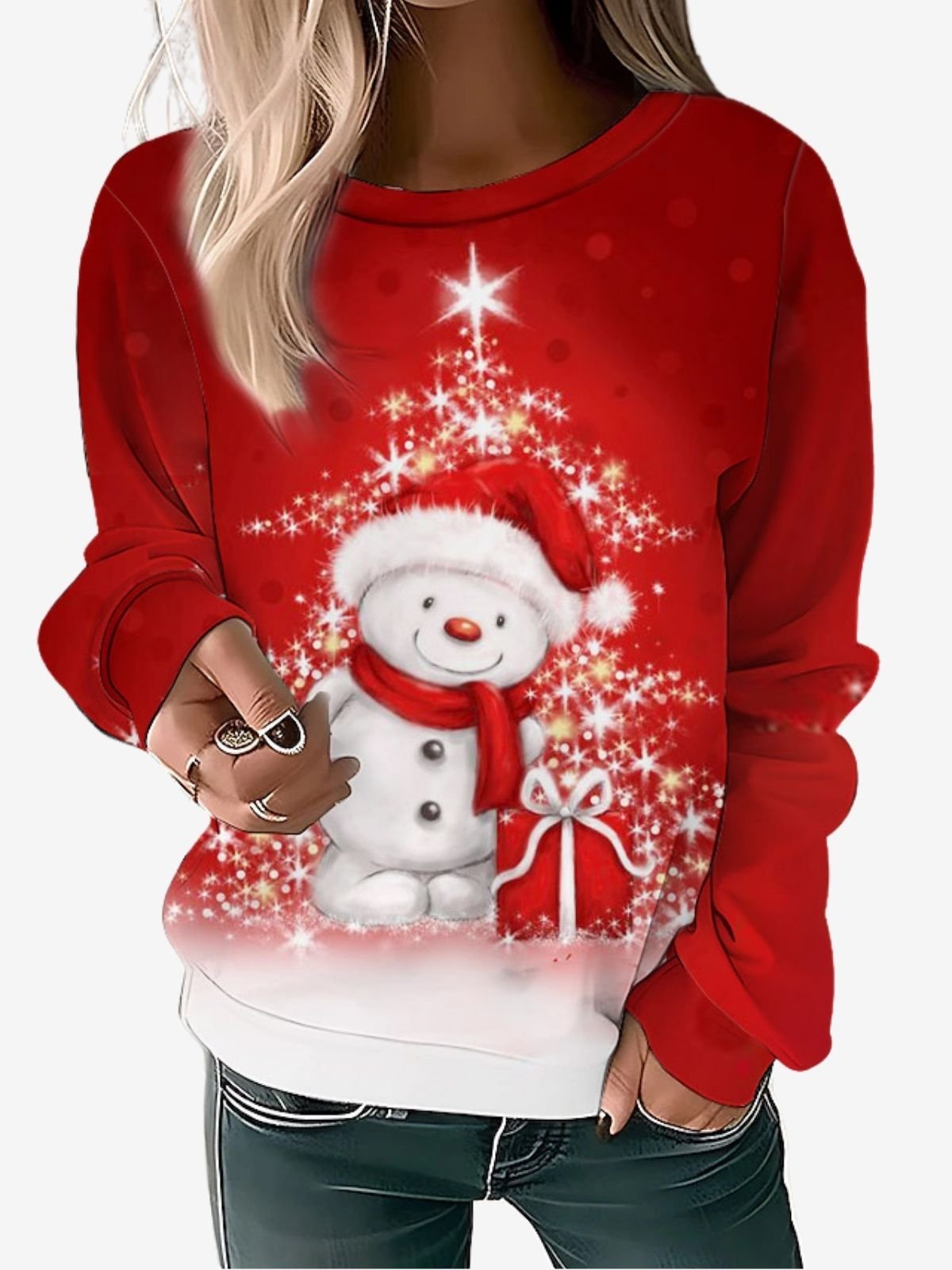 Damen Rundhals Weihnachtsschneemann Print Lässig Frühling/Herbst Langarm Sweatshirt