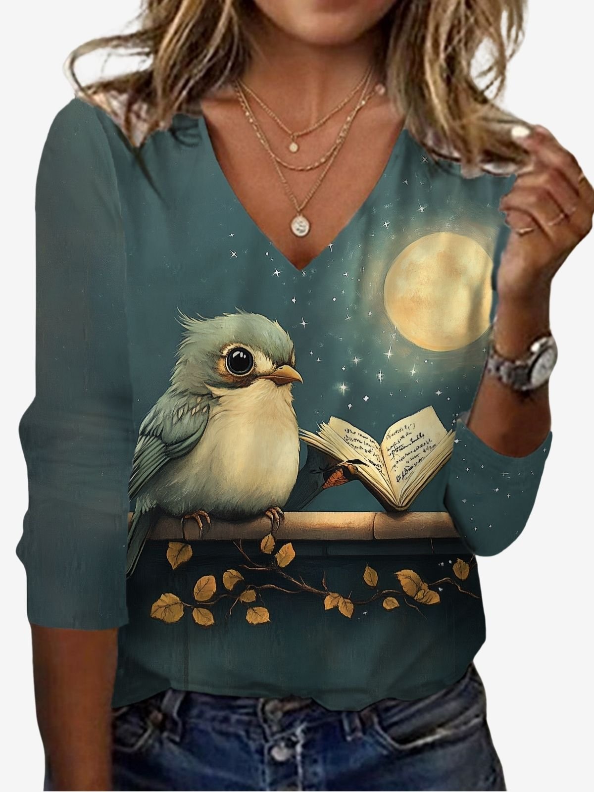 Damen Langarm T-Shirts T-Shirt Frühling/Herbst Vogel Jersey V-Ausschnitt Täglich Ausgehen Lässig Oberteile