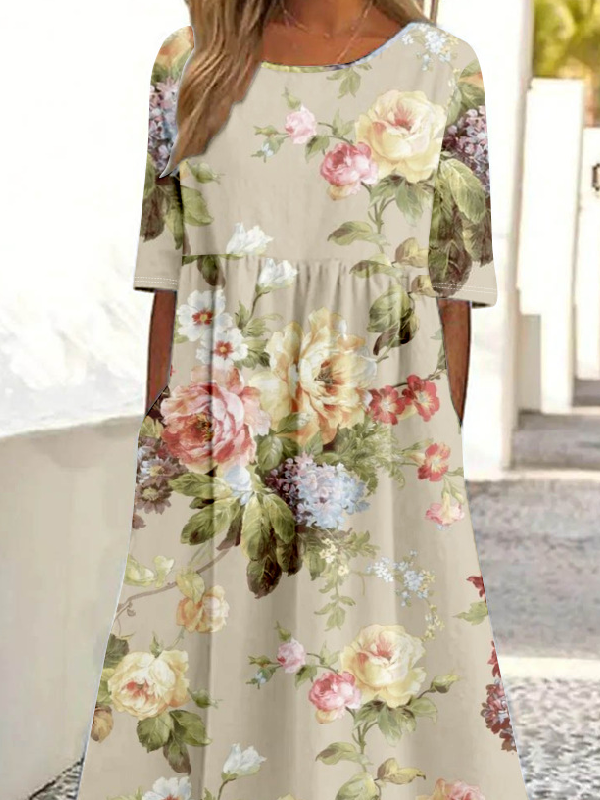 Damen Halbarm Sommer 3d Drucken Kleid Rundhals Täglich Ausgehen Retro Maxikleid Blusenkleid A-Linien-Kleid