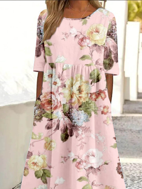 Damen Halbarm Sommer 3d Drucken Kleid Rundhals Täglich Ausgehen Retro Maxikleid Blusenkleid A-Linien-Kleid