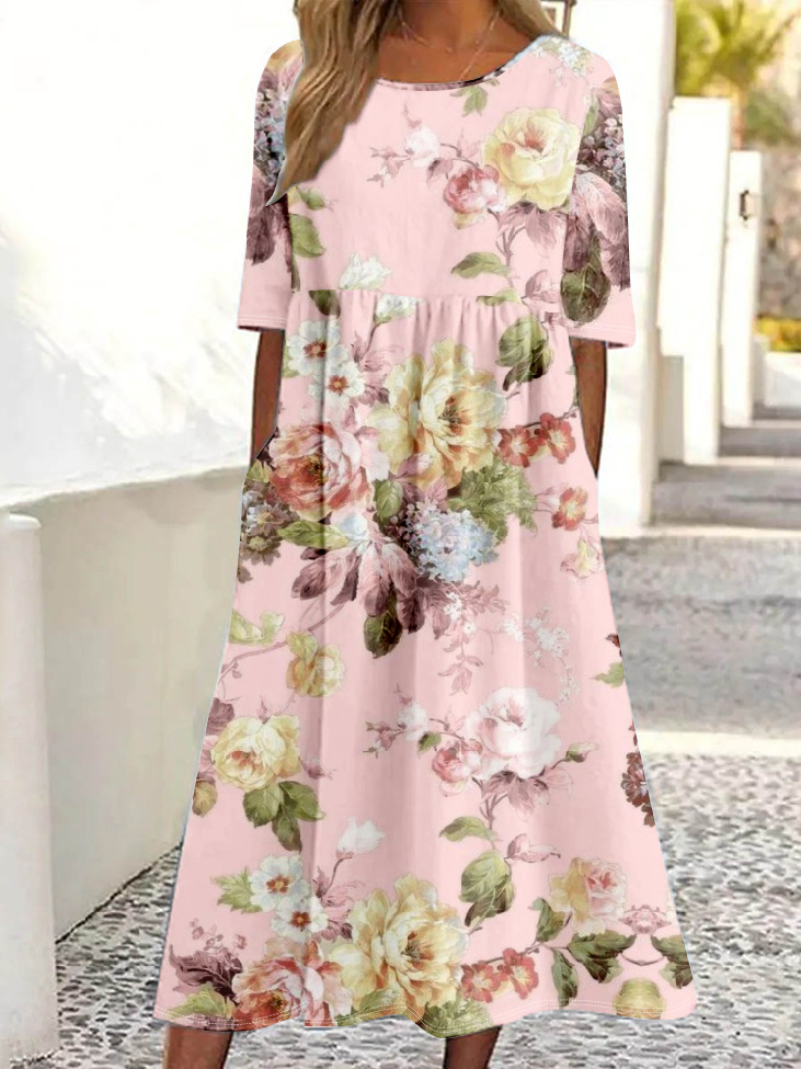 Damen Halbarm Sommer 3d Drucken Kleid Rundhals Täglich Ausgehen Retro Maxikleid Blusenkleid A-Linien-Kleid