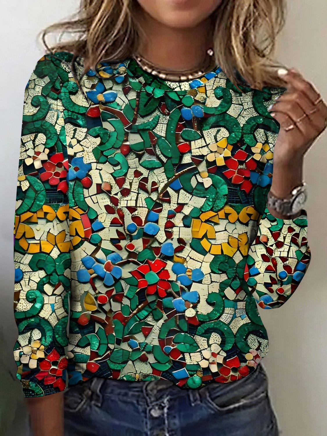 Damen Langarm T-Shirts T-Shirt Frühling/Herbst Kariert Baumwolle Rundhals Täglich Ausgehen Retro Oberteile