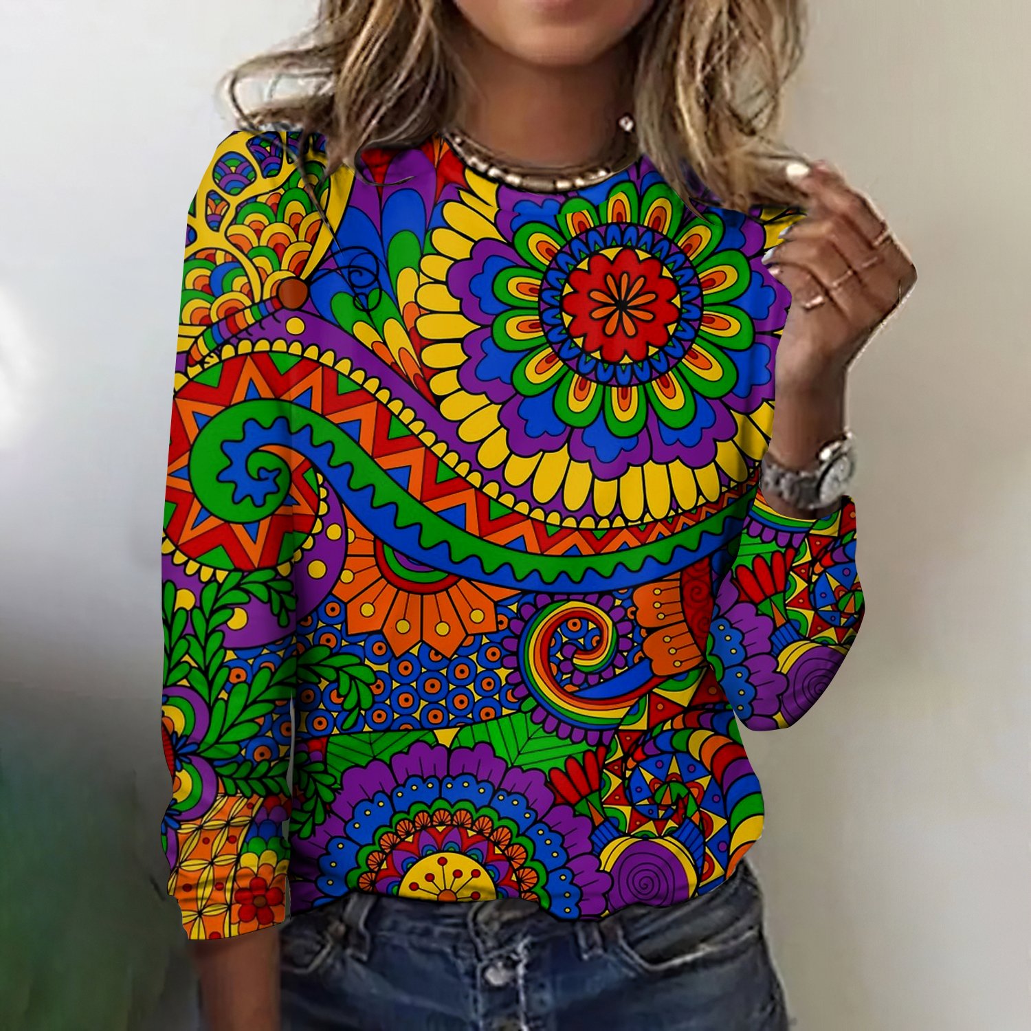 Damen Langarm T-Shirts T-Shirt Frühling/Herbst Kariert Baumwolle Rundhals Täglich Ausgehen Retro Oberteile