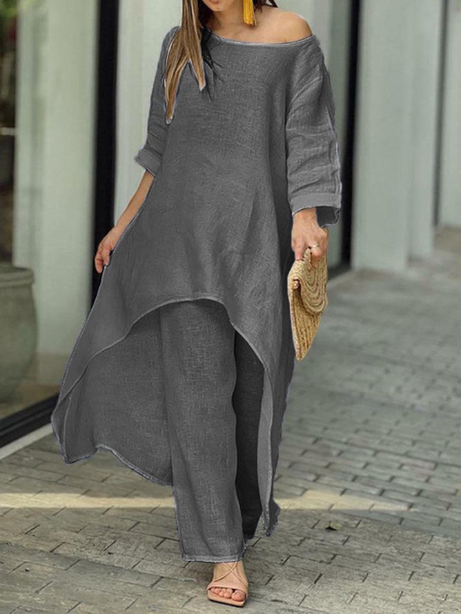 Damen Baumwolle Unifarben Täglich Ausgehen Zwei Stücke Set Langarm Lässig Frühling/Herbst Bluse mit Hose Matching Set