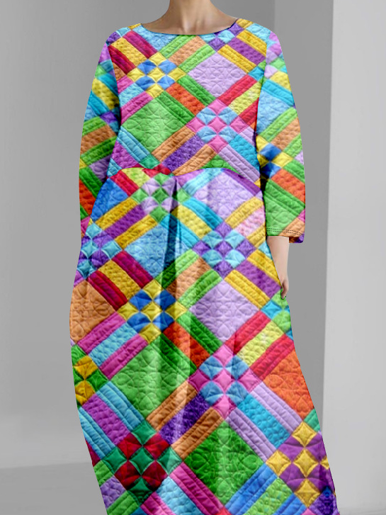 Damen Kariert Langarm Frühling/Herbst Kleid Rundhals Täglich Retro Maxikleid H-Linie Kleid