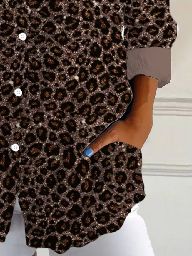 Damen Langarm Bluse Frühling/Herbst Leopard Hemdkragen Täglich Ausgehen Lässig Oberteile