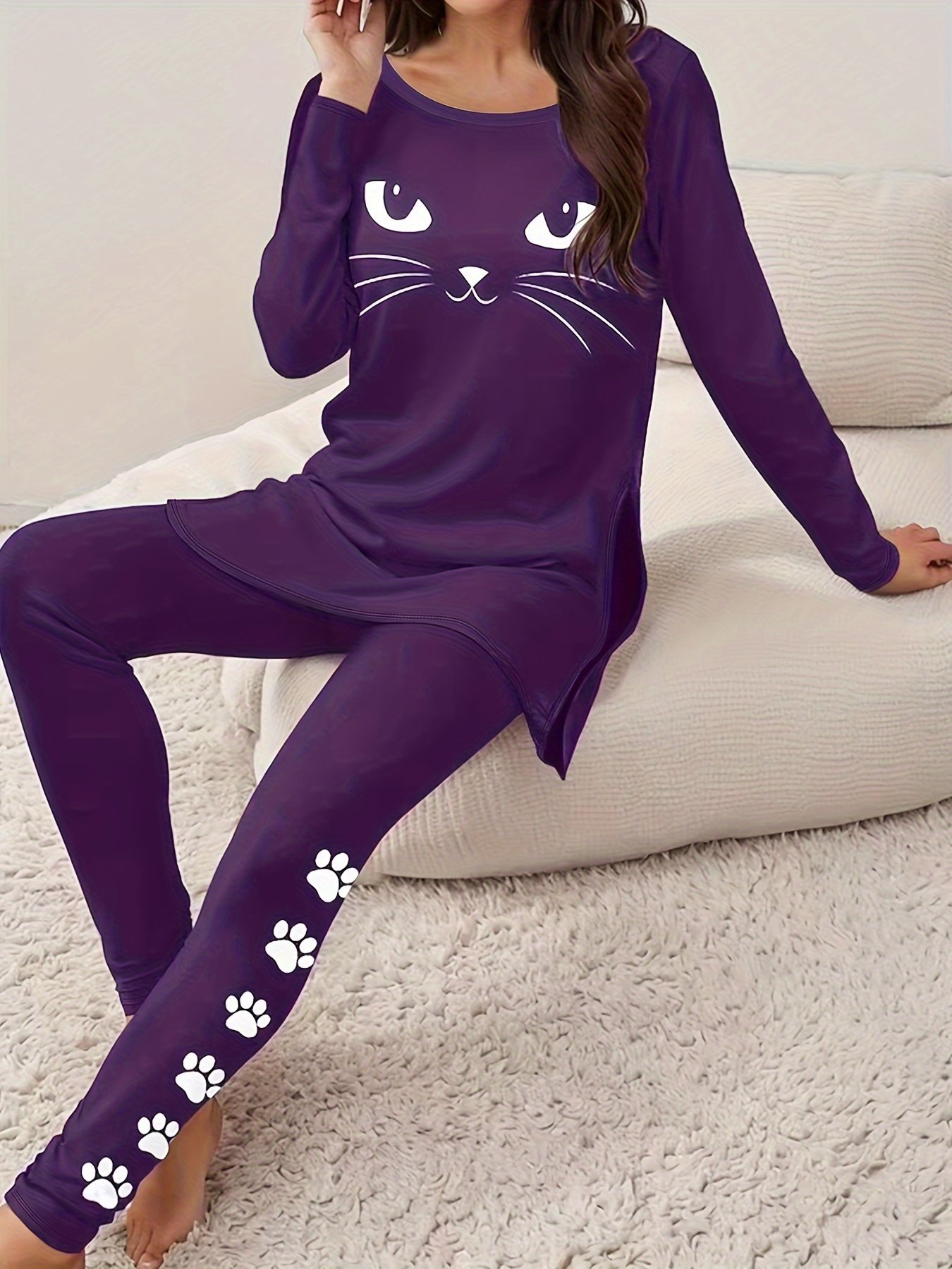 Damen Jersey Katze Täglich Ausgehen Zwei Stücke Set Langarm Lässig Frühling/Herbst Bluse mit Hose Matching Set