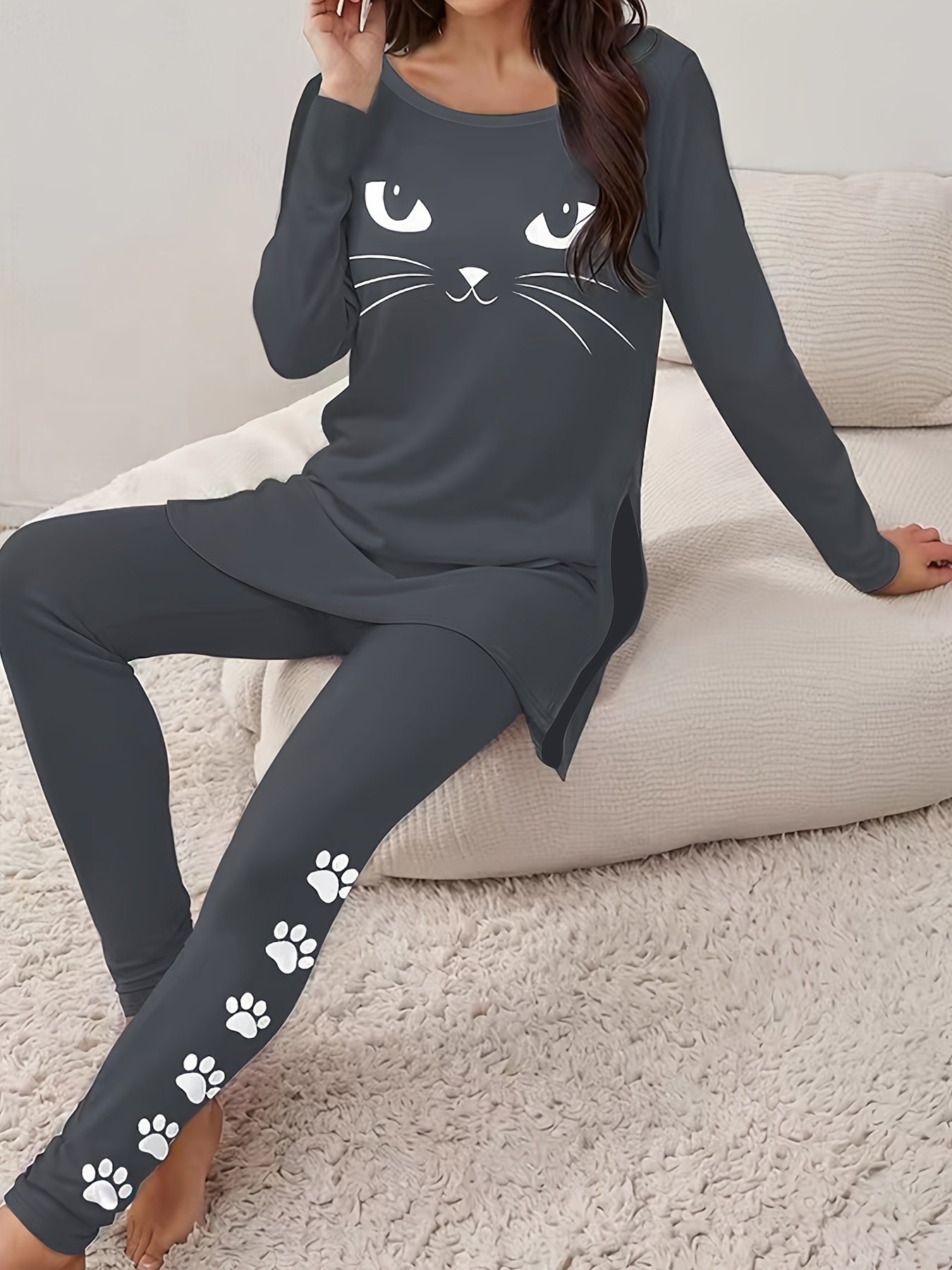 Damen Jersey Katze Täglich Ausgehen Zwei Stücke Set Langarm Lässig Frühling/Herbst Bluse mit Hose Matching Set