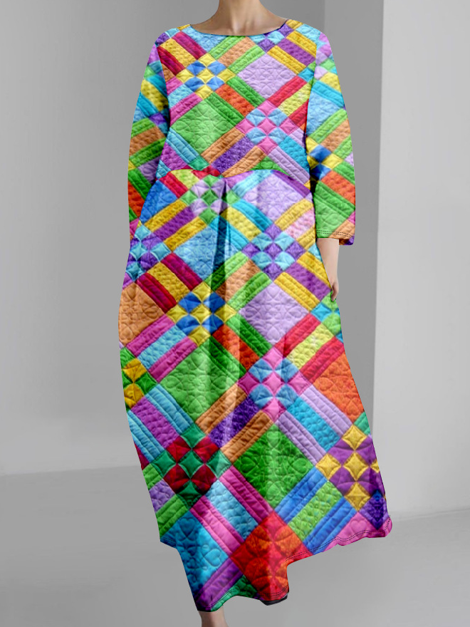 Damen Kariert Langarm Frühling/Herbst Kleid Rundhals Täglich Retro Maxikleid H-Linie Kleid