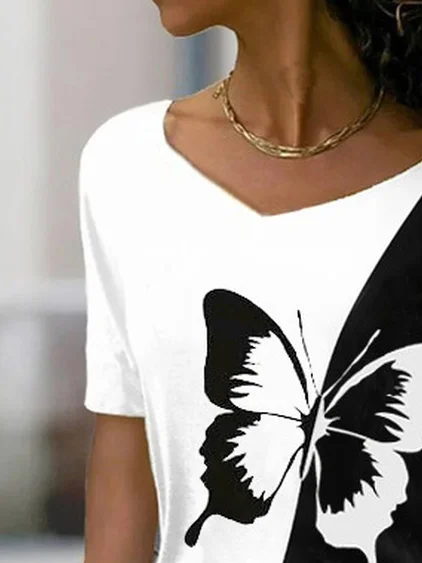 Damen Kurzarm T-Shirts T-Shirt Sommer Schmetterling V-Ausschnitt Lässig Oberteile