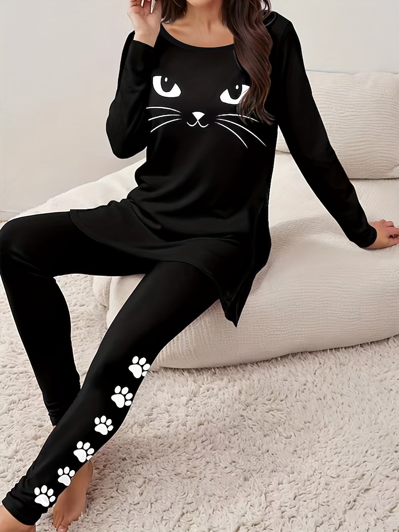 Damen Jersey Katze Täglich Ausgehen Zwei Stücke Set Langarm Lässig Frühling/Herbst Bluse mit Hose Matching Set