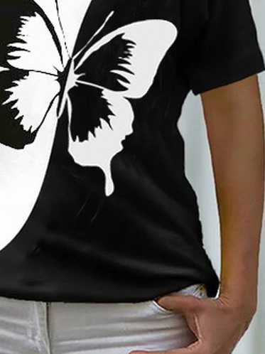 Damen Kurzarm T-Shirts T-Shirt Sommer Schmetterling V-Ausschnitt Lässig Oberteile