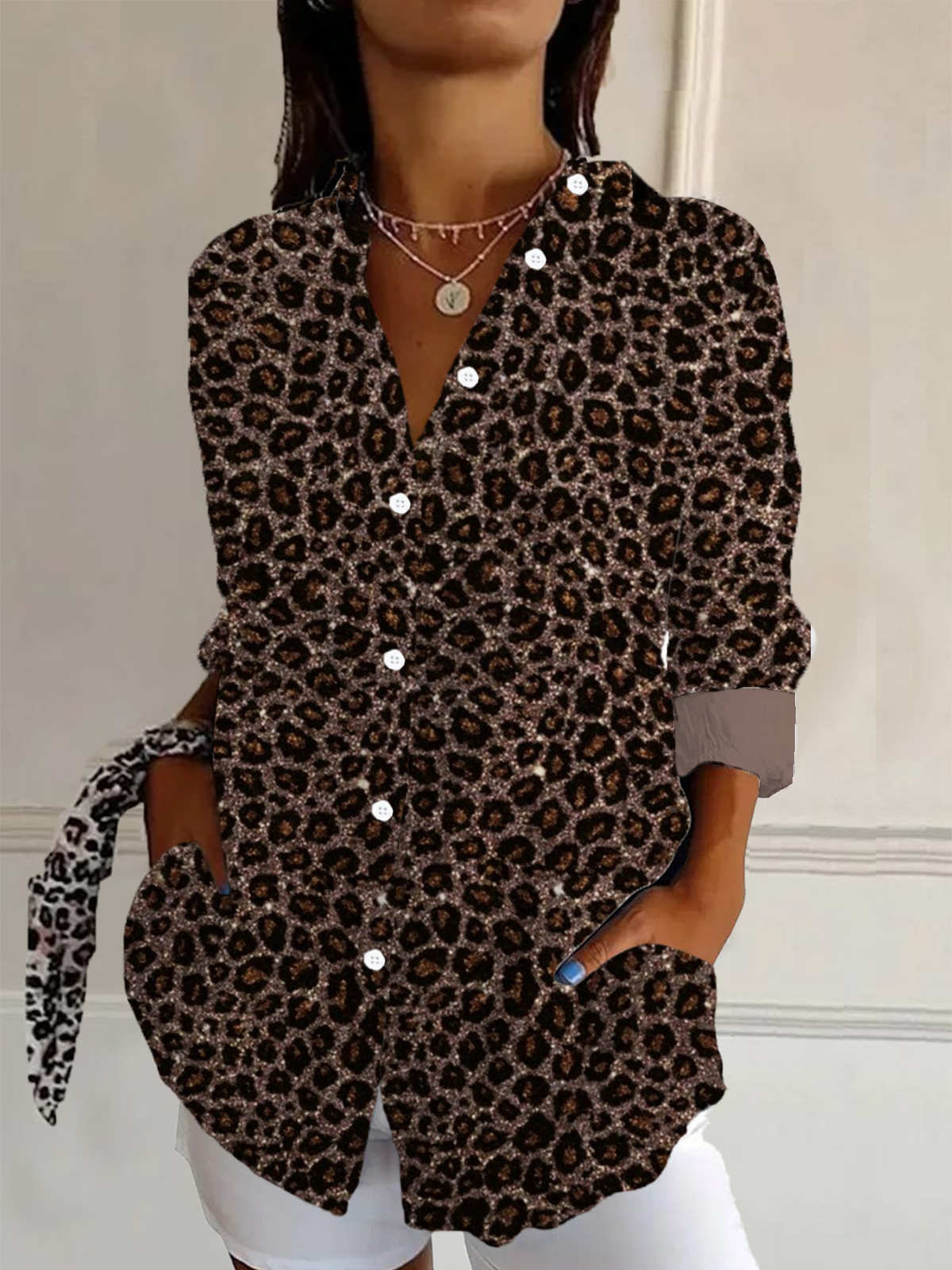 Damen Langarm Bluse Frühling/Herbst Leopard Hemdkragen Täglich Ausgehen Lässig Oberteile