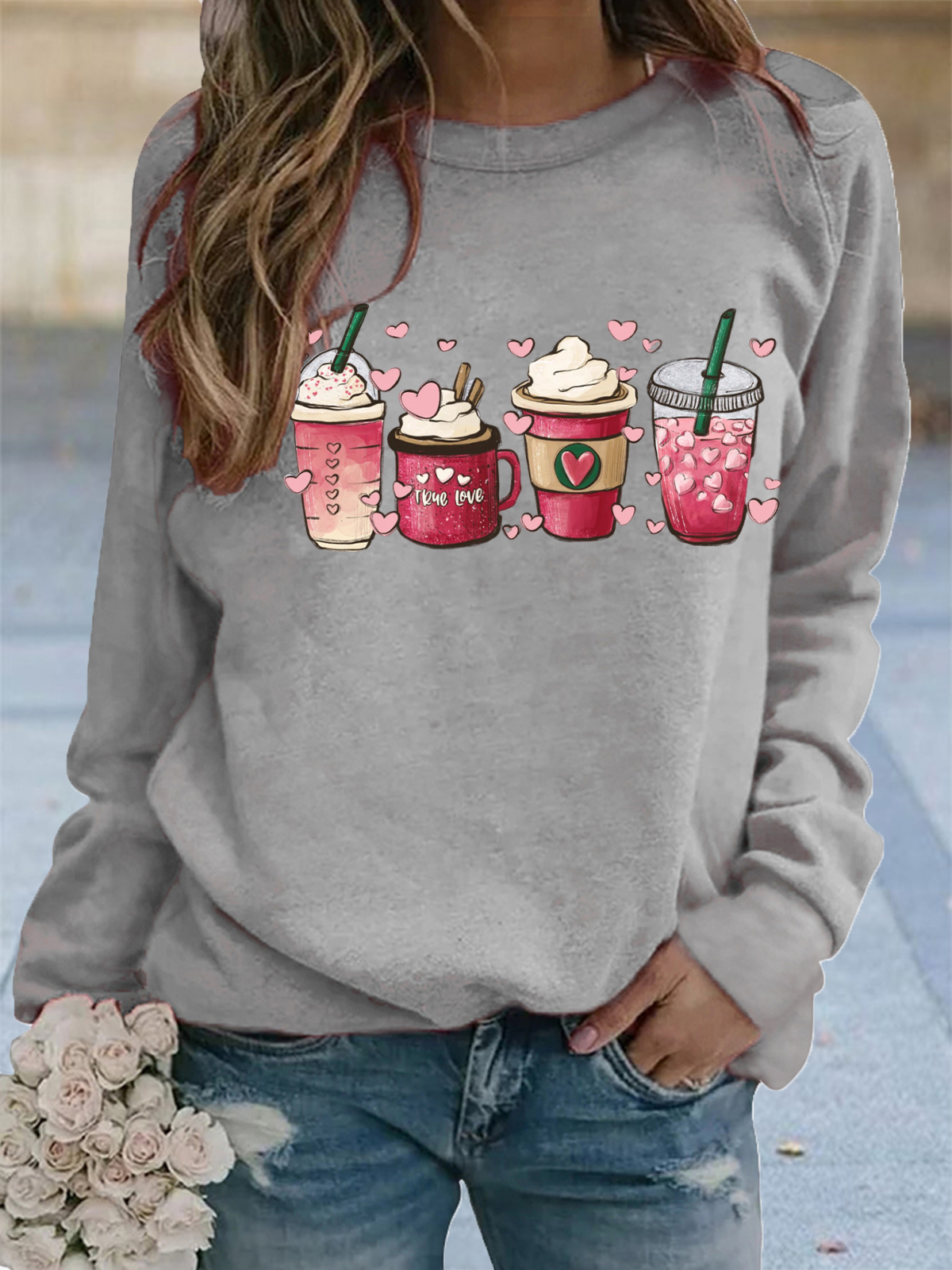 Damen Rundhals Herz/Herz Lässig Frühling/Herbst Langarm Sweatshirt