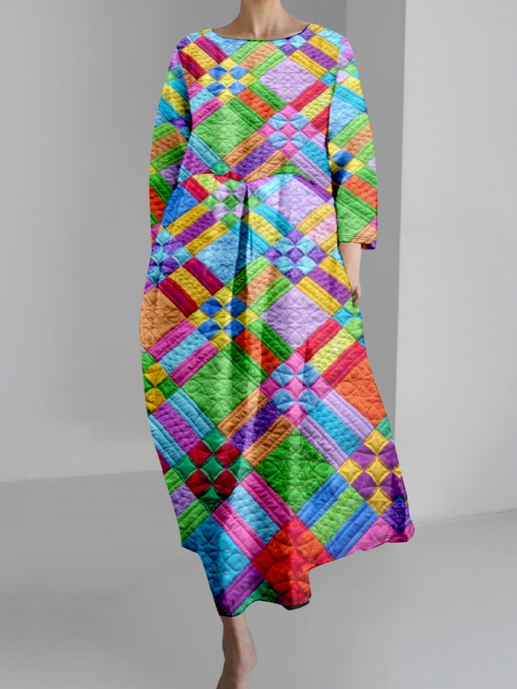 Damen Kariert Langarm Frühling/Herbst Kleid Rundhals Täglich Retro Maxikleid H-Linie Kleid