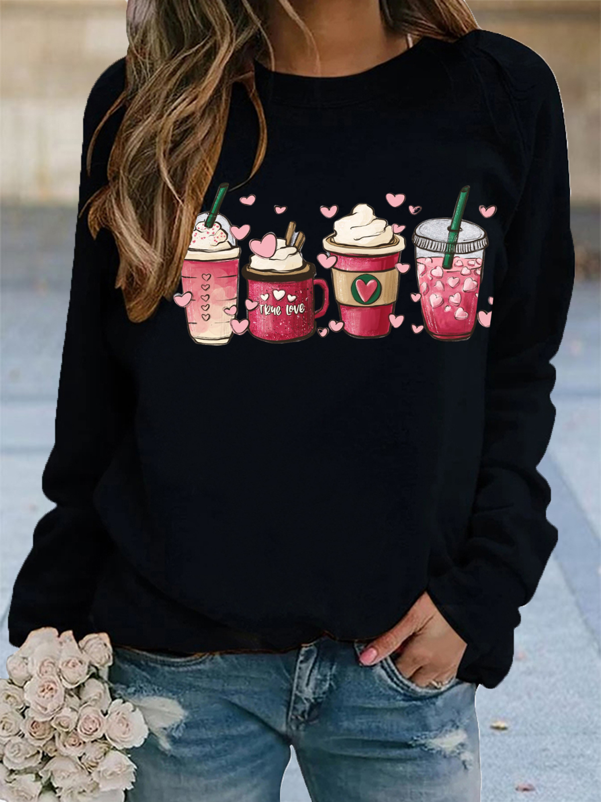 Damen Rundhals Herz/Herz Lässig Frühling/Herbst Langarm Sweatshirt