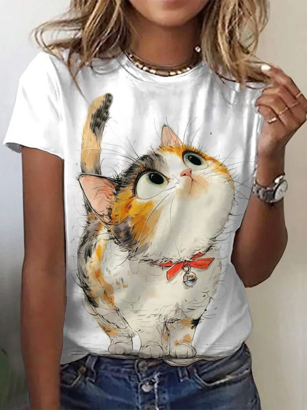 Damen Kurzarm T-Shirts T-Shirt Sommer Katze Rundhals Lässig Oberteile