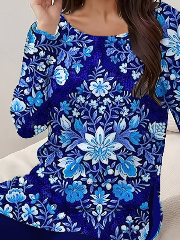 Damen Jersey Geblümt Täglich Ausgehen Zwei Stücke Set Langarm Lässig Frühling/Herbst Bluse mit Hose Matching Set