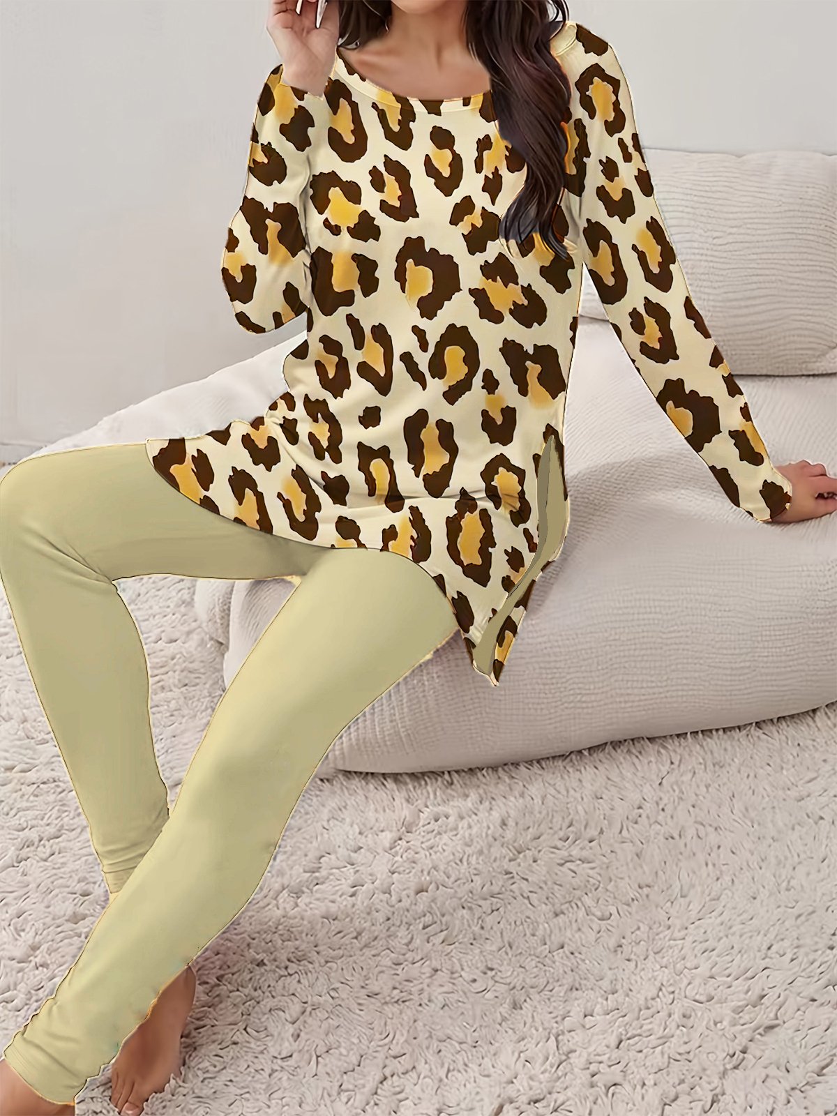 Damen Leopard Täglich Ausgehen Zwei Stücke Set Langarm Lässig Frühling/Herbst Bluse mit Hose Matching Set