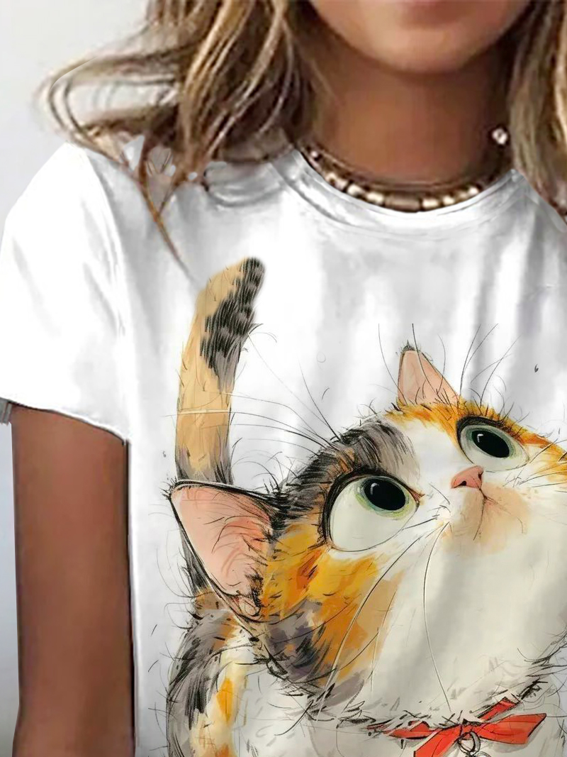 Damen Kurzarm T-Shirts T-Shirt Sommer Katze Rundhals Lässig Oberteile