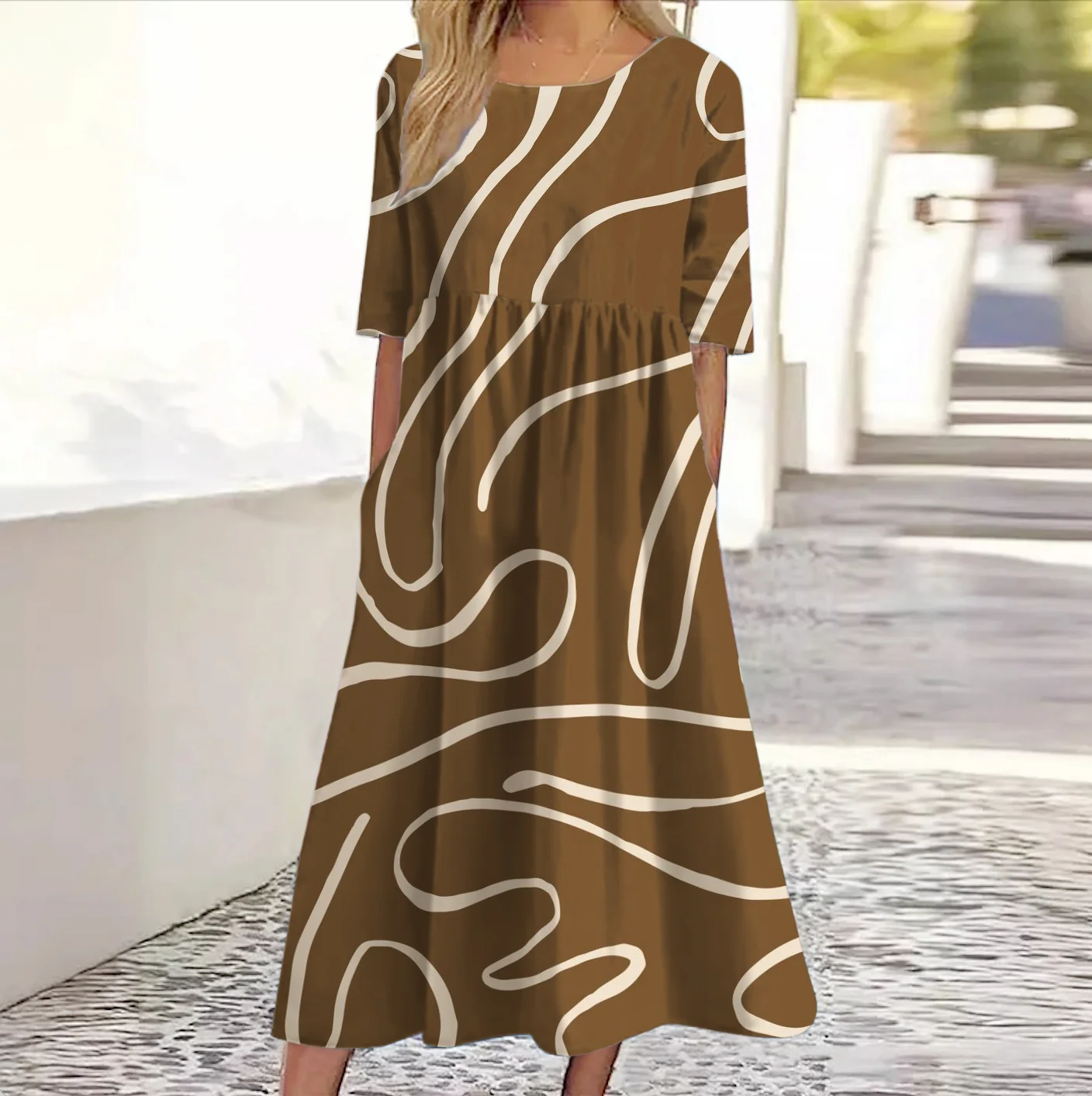 Damen Dreiviertelärmel Frühling/Herbst Geblümt Kleid Rundhals Täglich Ausgehen Lässig Maxikleid Passen & Flare Kleid A-Linien-Kleid