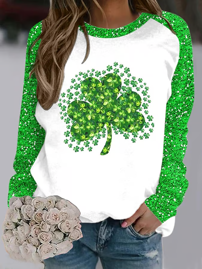 Damen Rundhals Blätter Print Lässig Frühling/Herbst Langarm Sweatshirt