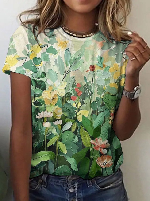 Damen Kurzarm T-Shirts T-Shirt Sommer Geblümt Rundhals Lässig Oberteile