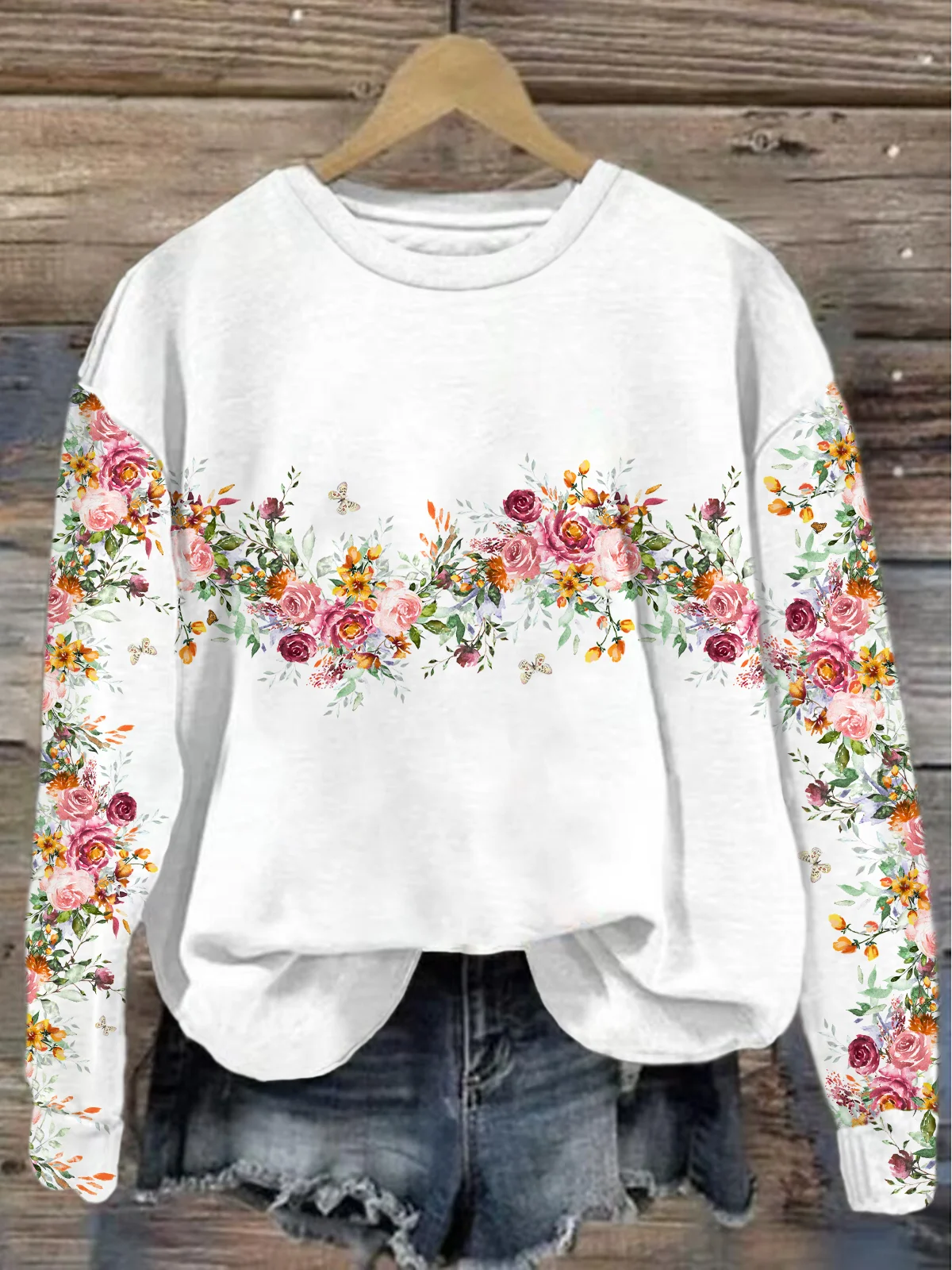 Damen Rundhals Geblümt Print Lässig Frühling/Herbst Langarm Sweatshirt